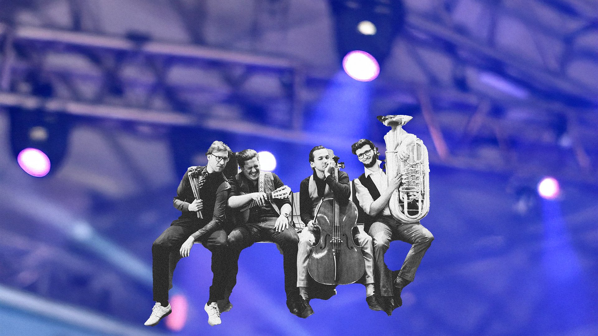 „Foto für die Veranstaltung ‚Die Zukunft ruft‘ – die Gruppe The Erlkings mit fotografischem Effekt vor blauem Hintergrund