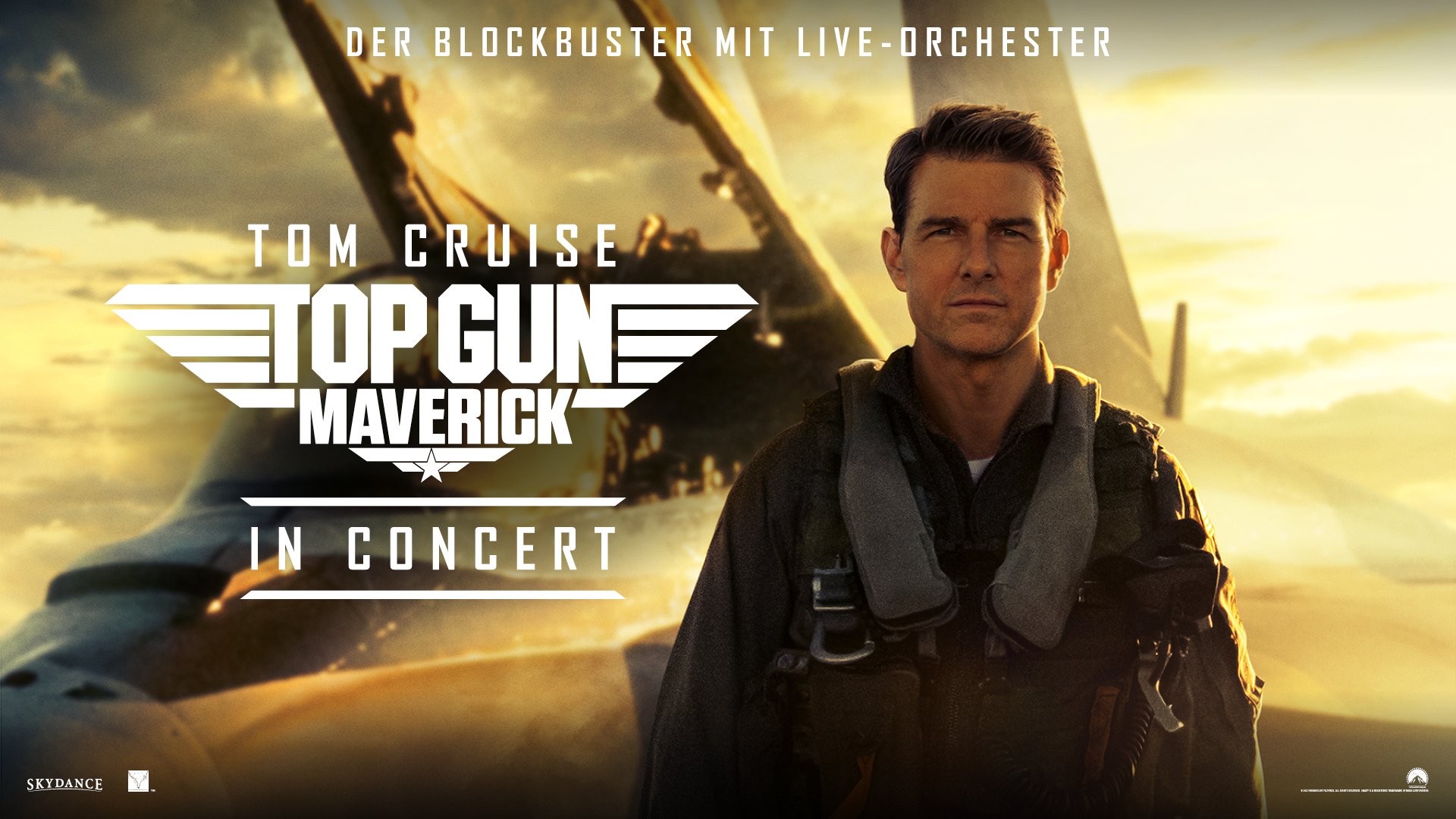 Plakat für Top Gun: Maverick in Concert mit einer Person in Fliegerausrüstung vor einem Kampfjet.