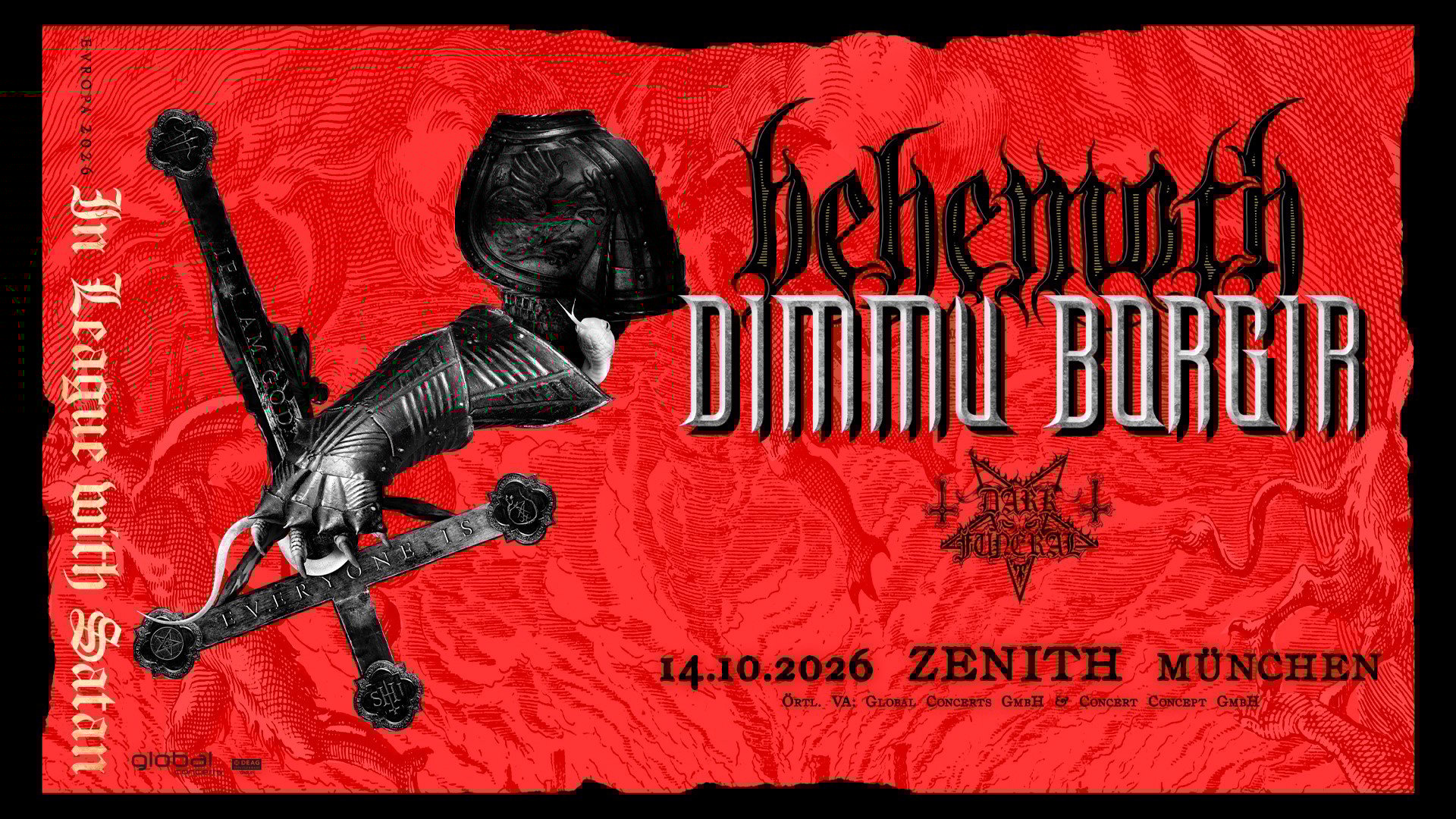 Foto für die Veranstaltung von Behemoth & Dimmu Borgir in Rot- und Schwarztönen mit einer Illustration einer Hand, die ein Schwert hält
