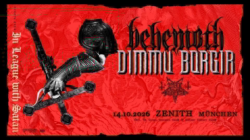 Foto für die Veranstaltung von Behemoth & Dimmu Borgir in Rot- und Schwarztönen mit einer Illustration einer Hand, die ein Schwert hält