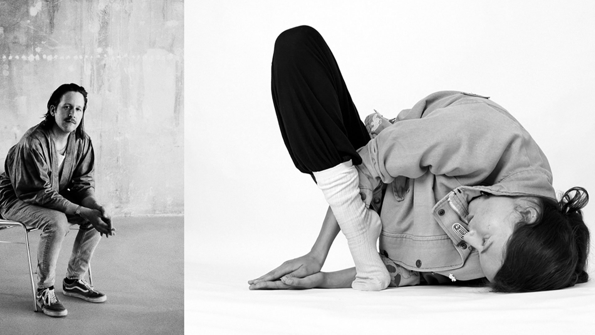 Eventfoto von Simon Popp meets Anna Martens als Collage mit zwei Personen – eine auf einem Stuhl sitzend, die andere am Boden in einer Yoga-Position