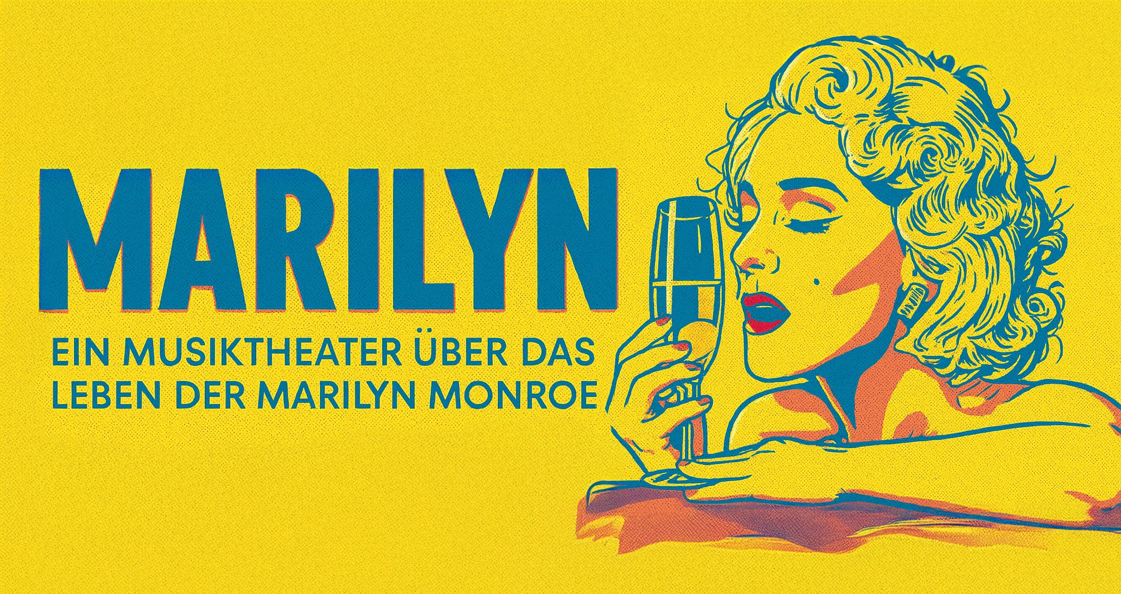 Gelbes Plakat mit Grafik von Marilyn Monroe und blauer Aufschrift