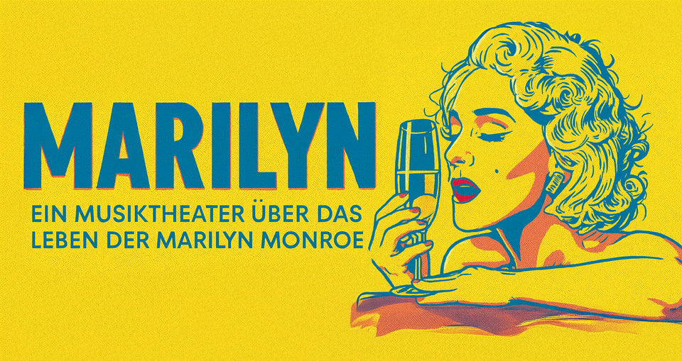 Gelbes Plakat mit Grafik von Marilyn Monroe und blauer Aufschrift