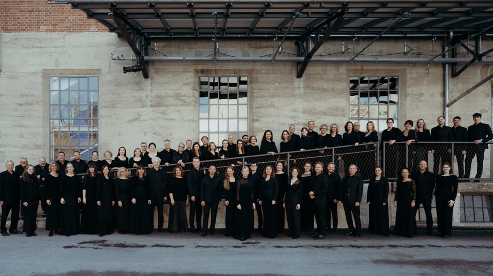 Großes Gruppenfoto des Münchener Bach Chors. Die Mitglieder tragen schwarze Konzertkleidung und sind auf mehreren Ebenen entlang einer Rampe und vor dem Gebäude aufgestellt.