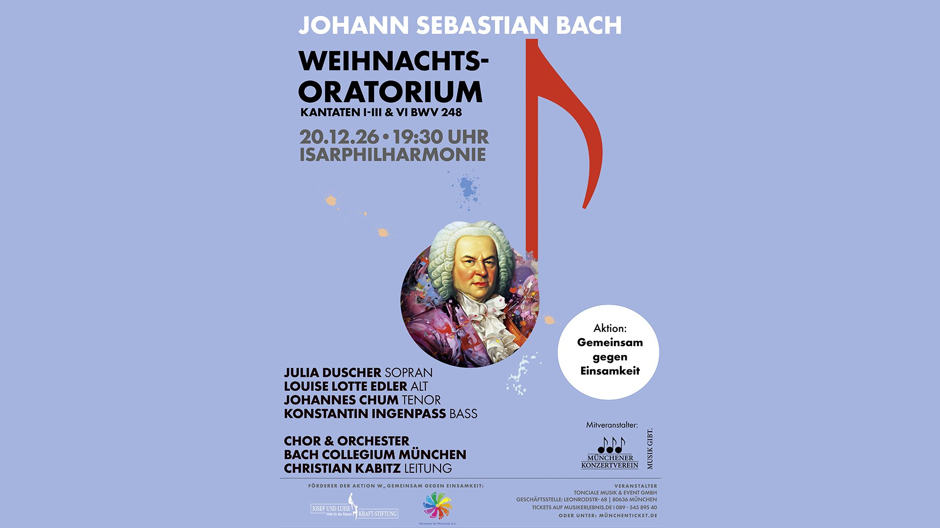 Plakat Johann Sebastian Bach Weihnachtsoratorium mit großem stilisiertem Notensymbol auf hellem blaugrauem Hintergrund und farbiger Porträtillustration von Bach in der Mitte, dazu weitere Angaben zur Veranstaltung