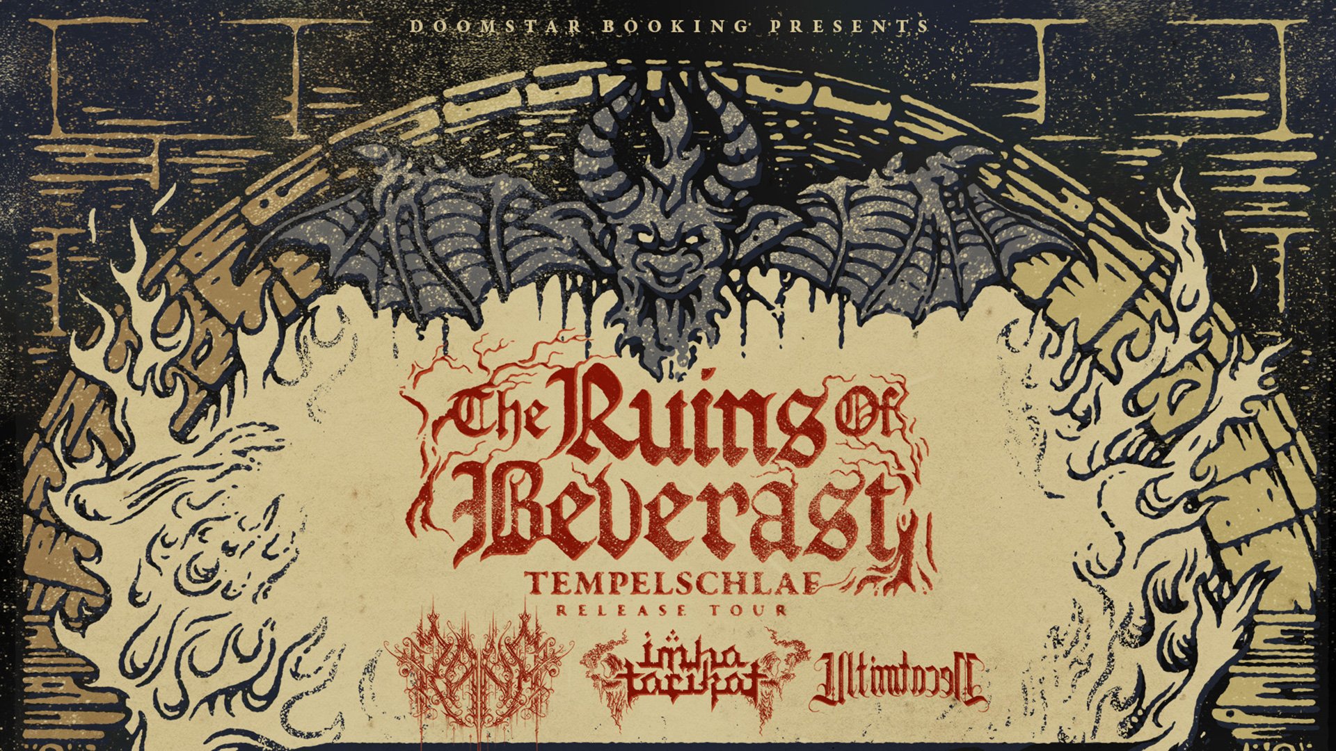 Plakat für das Event The Ruins of Beverast mit einer Illustration eines Fledermaus und einem Metal-Design-Stil.