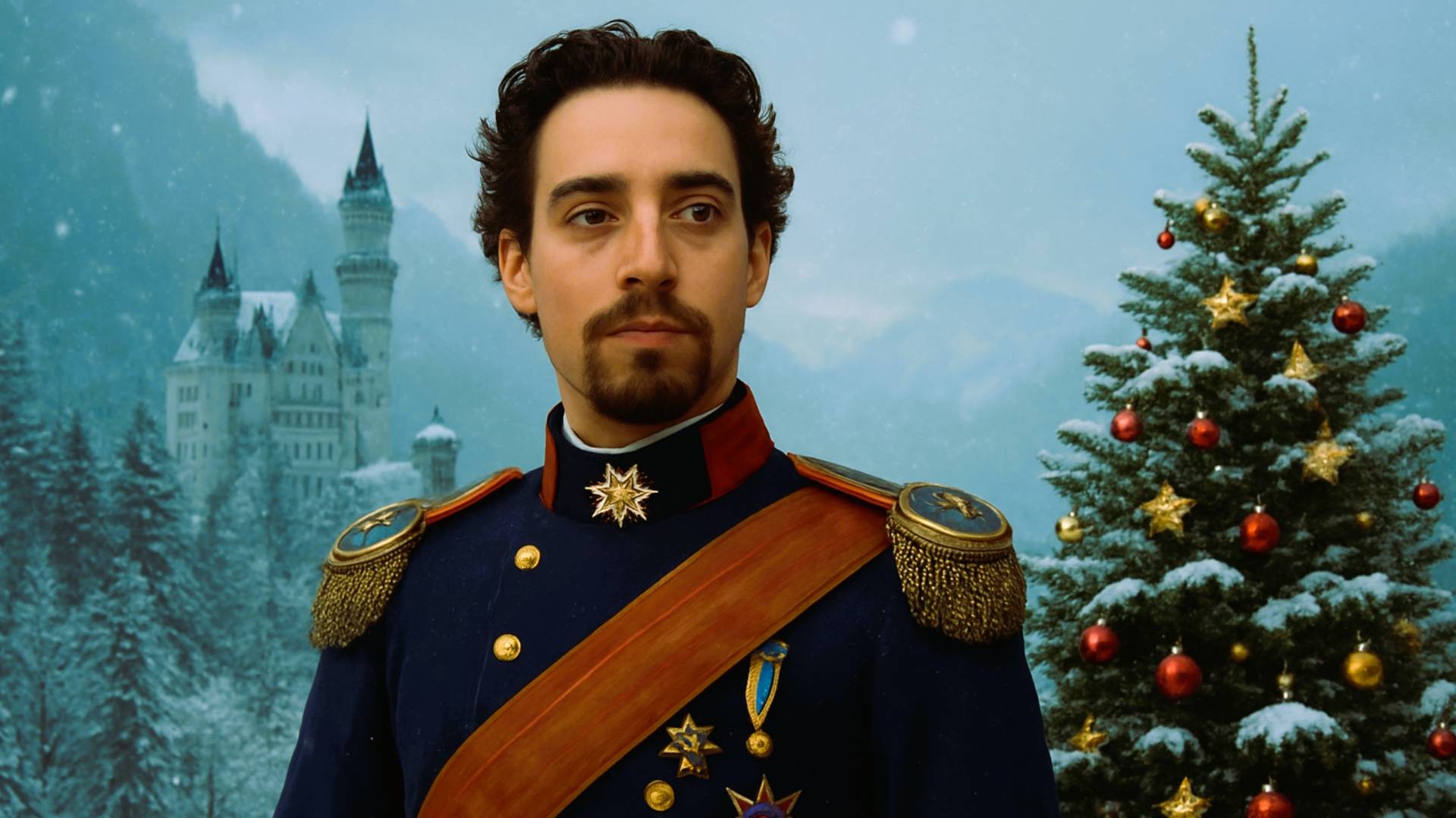 Darsteller des König Ludwig, im Hintergrund Schloss Neuschwanstein im Winter