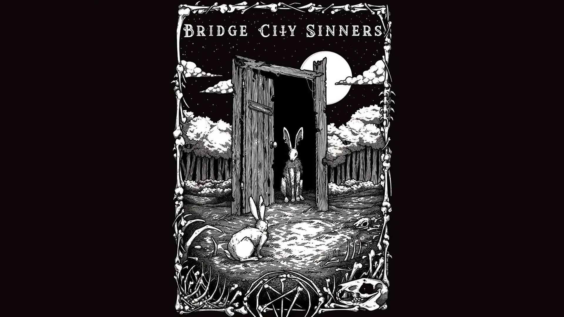 Illustratives Motiv Bridge City Sinners mit geöffnetem Holztor im nächtlichen Wald vor Vollmond und zwei Hasen im Vordergrund umgeben von Knochen und dunkler Ornamentik