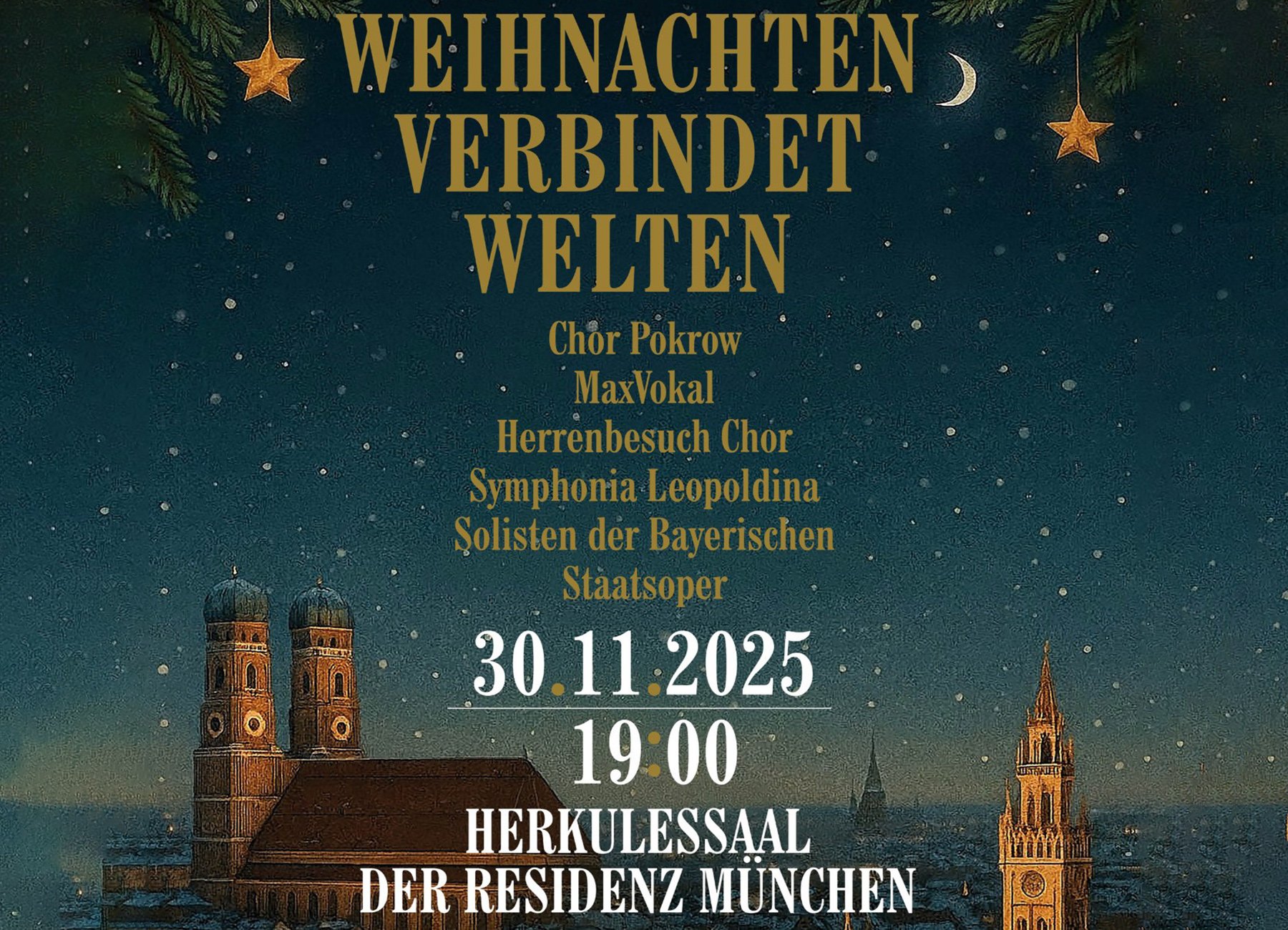 Grafik von Münchner Kirchen bei Nacht und Aufschrift mit Konzertankündiung