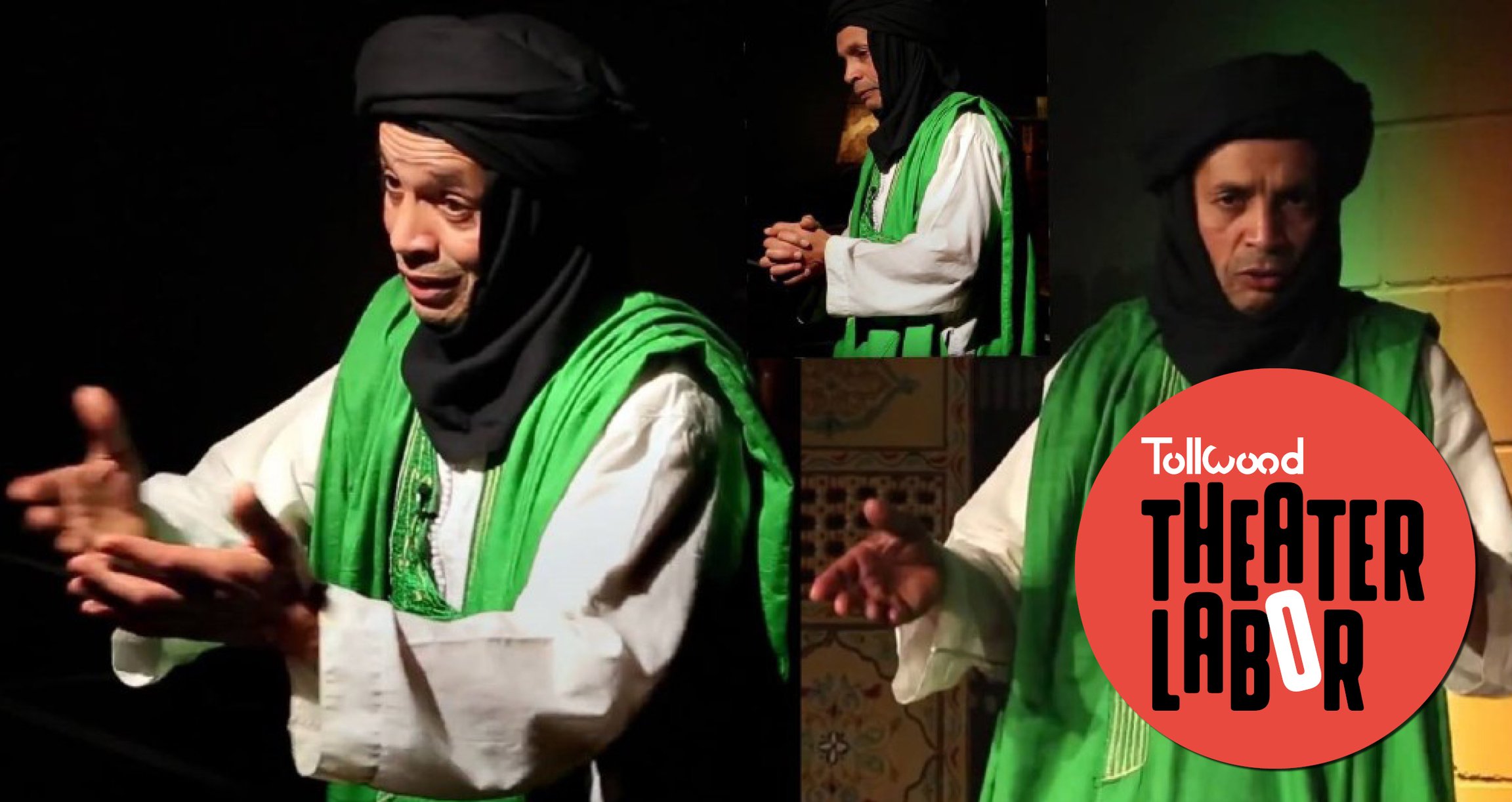 Drei Männer mit schwarzem Turban und grün-weisser Kutte in betender Pose