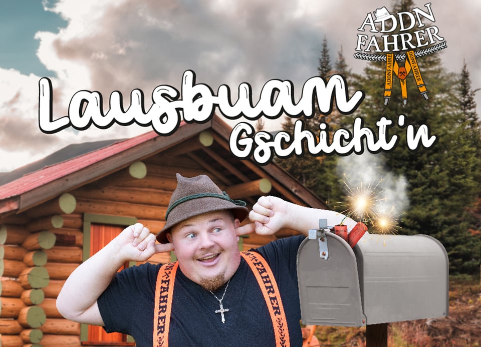 Mann mit Hut vor Holzhütte, hält sich die Ohren zu