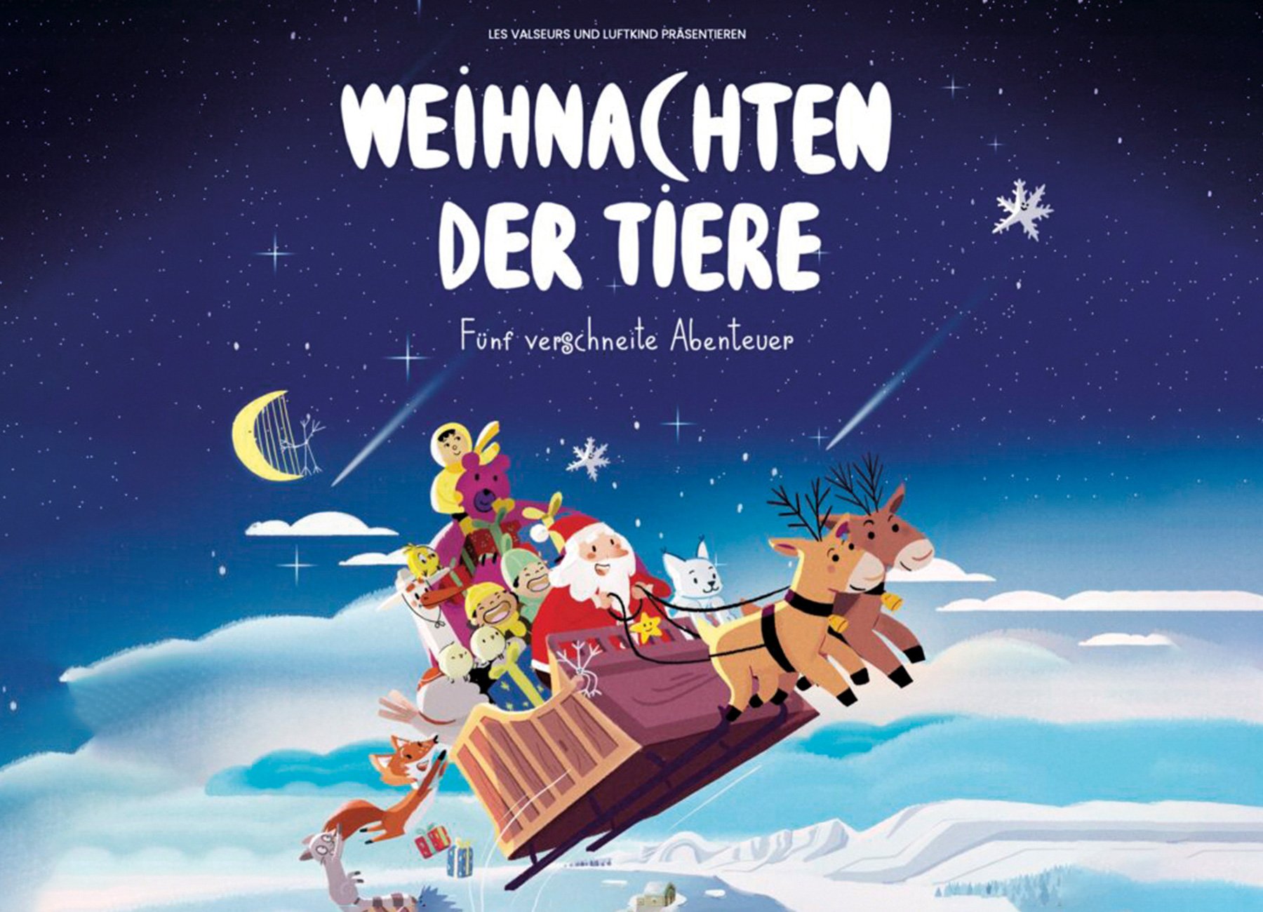 Plakat Grafik mit Schlitten und Weihnachtsmann mit Kindern über Wolken und Aufschrift 