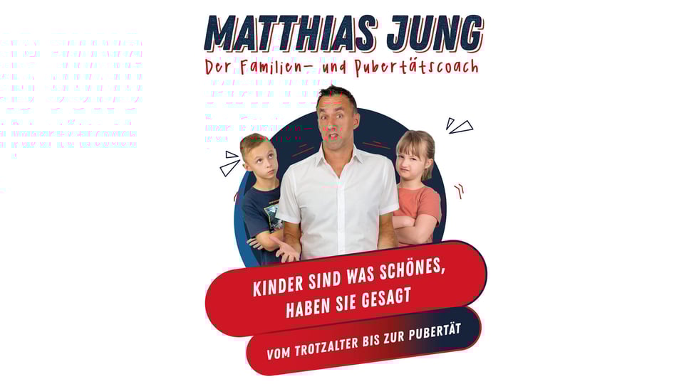 Plakat für das Event von Matthias Jung mit dem Foto eines Mannes und zwei Kindern, mit einigen roten und blauen Elementen auf weißem Hintergrund