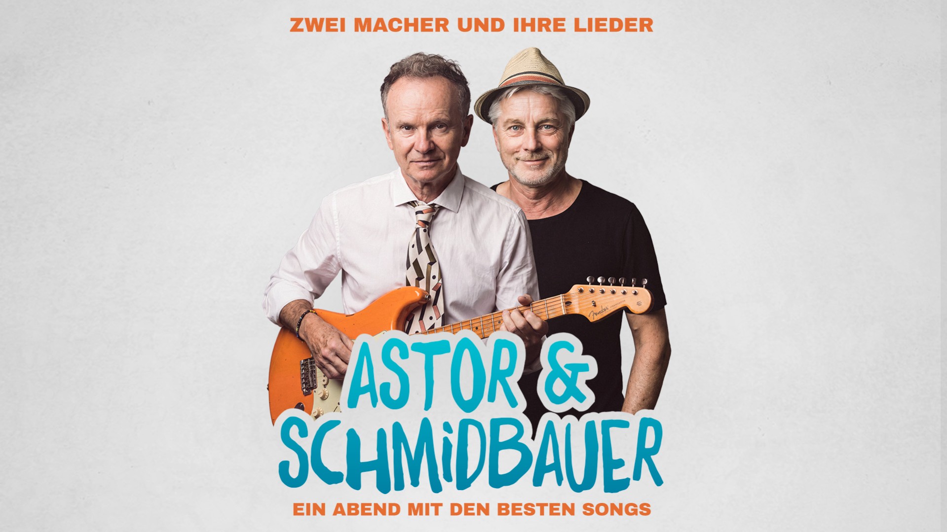 Plakat Astor & Schmidbauer, eine Person mit Gitarre, sowie Banner Astor & Schmidbauer, Zwei Macherund ihre Lieder vor hellem Hintergrund