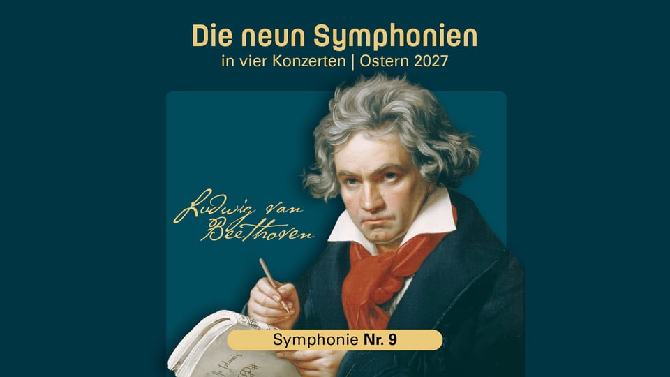 Plakat Die neun Symphonien mit Gemälde einer schreibenden Person vor dunklem Hintergrund und dem Hinweis Symphonie Nr. 9.