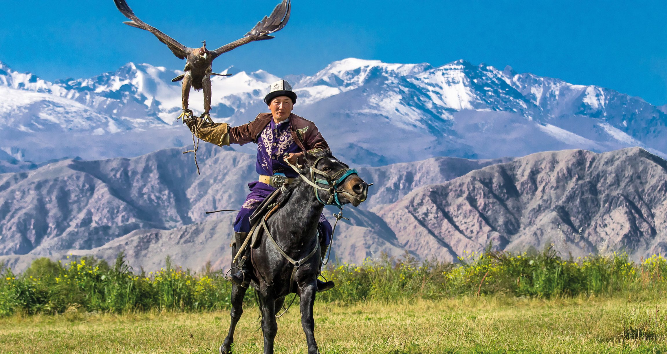 Bastian Maria auf einem Pferd mit einem Adler – Szene aus der Live-Reisereportage „Per Anhalter nach Japan“ vor beeindruckender Berglandschaft.