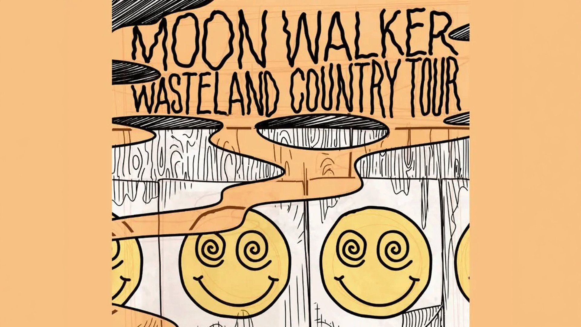 Plakatgrafik mit den Aufschriften Moon Walker und Wasteland Country Tour. Das illustrierte Motiv zeigt stilisierte gelbe Smiley Gesichter mit spiralförmigen Augen zwischen abstrakten schwarz weißen Landschaftsformen.