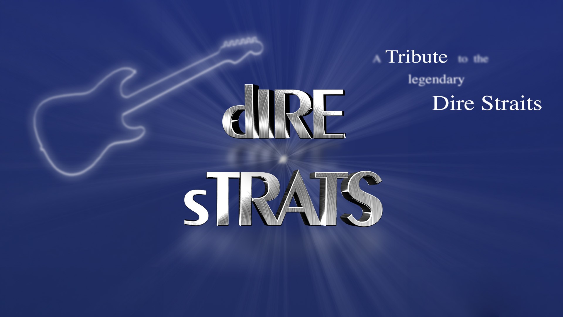 Plakat Dire Strats mit stilisierter E-Gitarrenkontur auf blauem Hintergrund sowie dem Schriftzug Dire Strats und dem Hinweis Tribute to the legendary Dire Straits