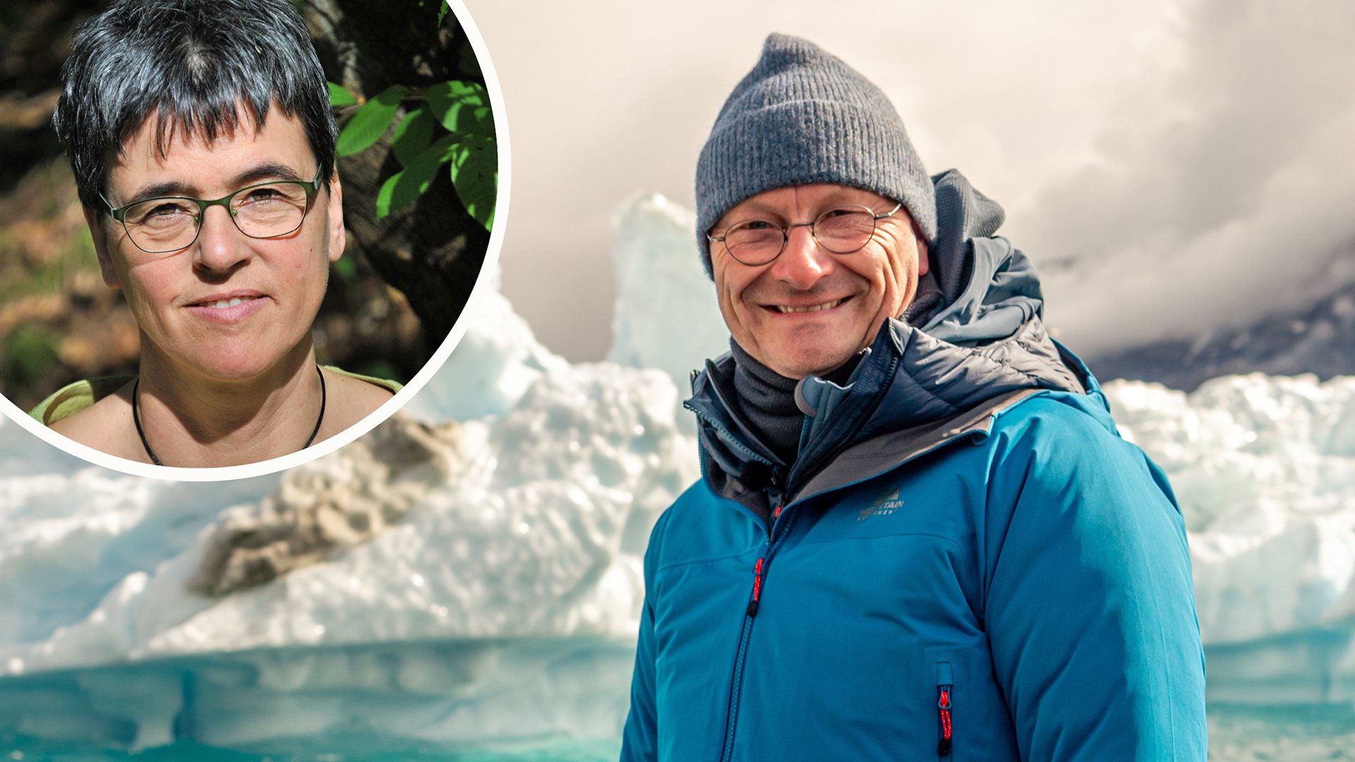 Porträtcollage mit zwei Personen, eine vor Eisbergen und Gletscherlandschaft in blauer Outdoorjacke und Strickmütze, die andere in einer kreisförmigen Einblendung mit Brille vor grünem Naturhintergrund