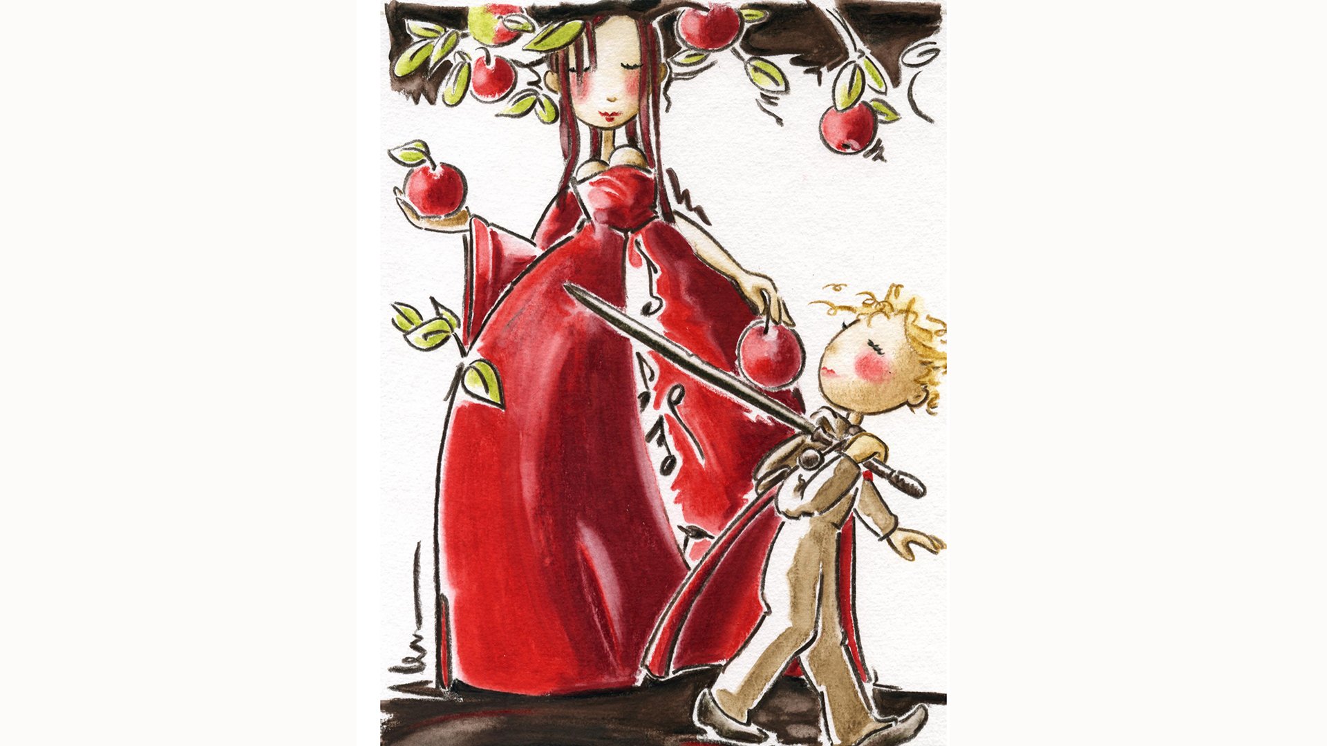 Eine Illustration mit zwei Darstellern, eine kleine Figur mit Schwert und eie Dame in rotem Kleid mit einem Apfel