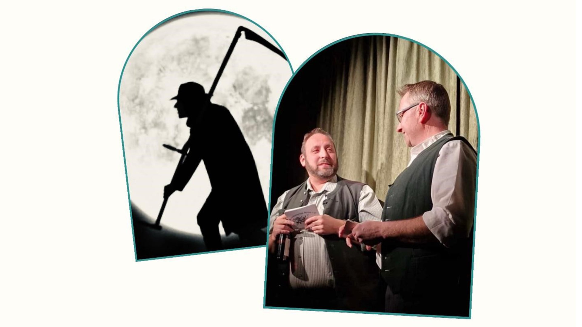 Collage aus einem Foto von zwei Darstellern und einem Bild einer Silhouette eines Henkers