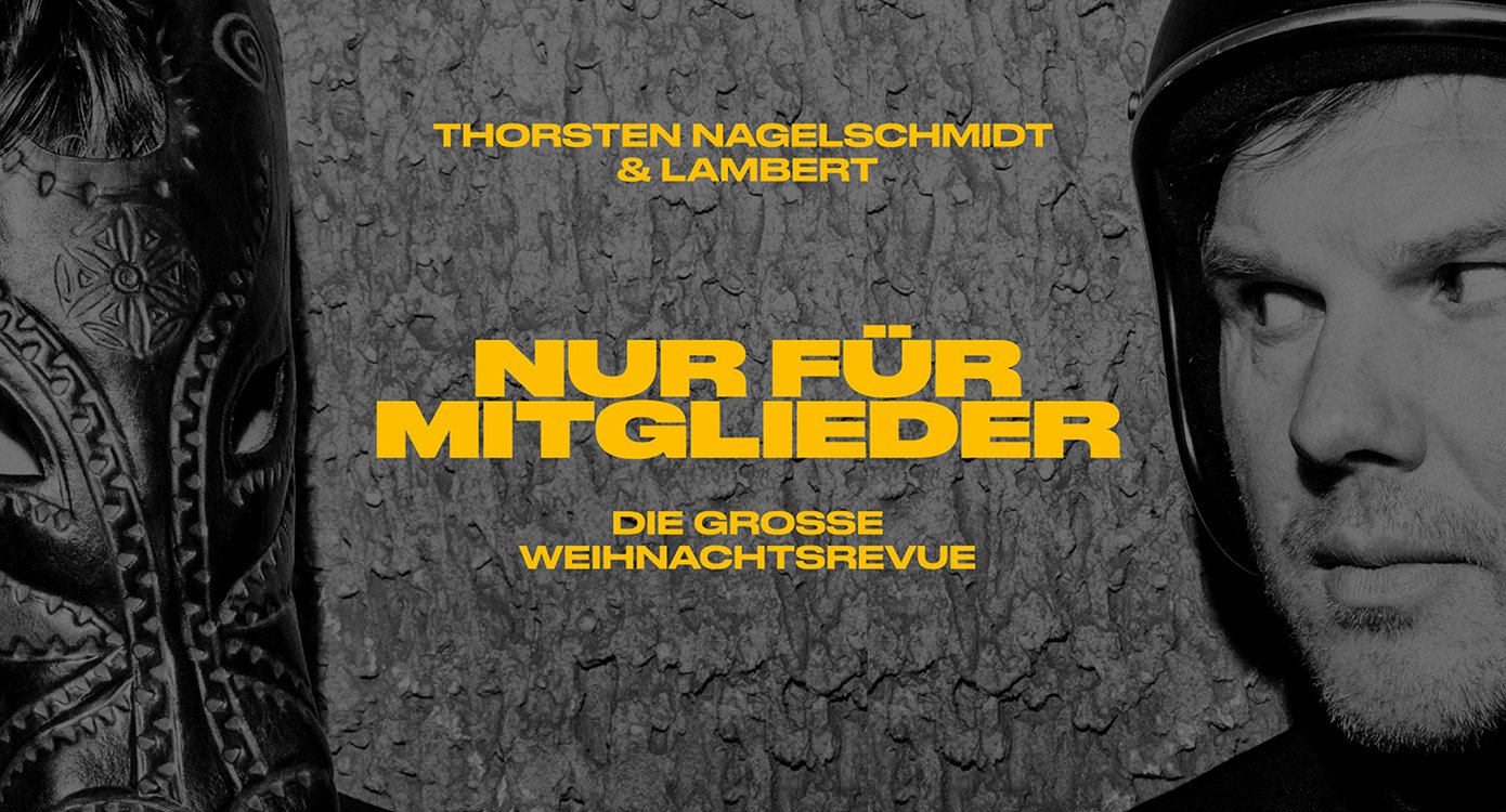 Veranstaltungsplakat in Grautönen mit zwei Figuren und gelber Typografie.