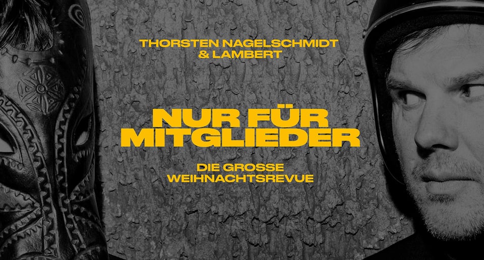 Veranstaltungsplakat in Grautönen mit zwei Figuren und gelber Typografie.