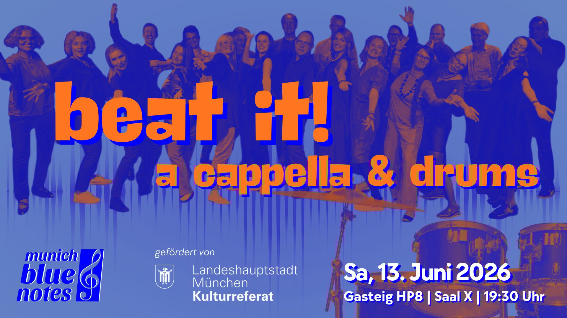 Ein Plakat der munich blue notes in blau und orange mit einem Foto der Gruppe sowie Informationen und Logos zur Veranstaltung