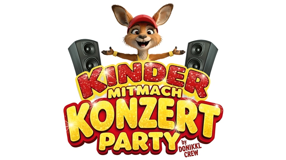 Plakat Kinderkonzert mit Comic-Hase zwischen zwei Lautsprechern. Große, bunte Schrift auf weißem Hintergrund.