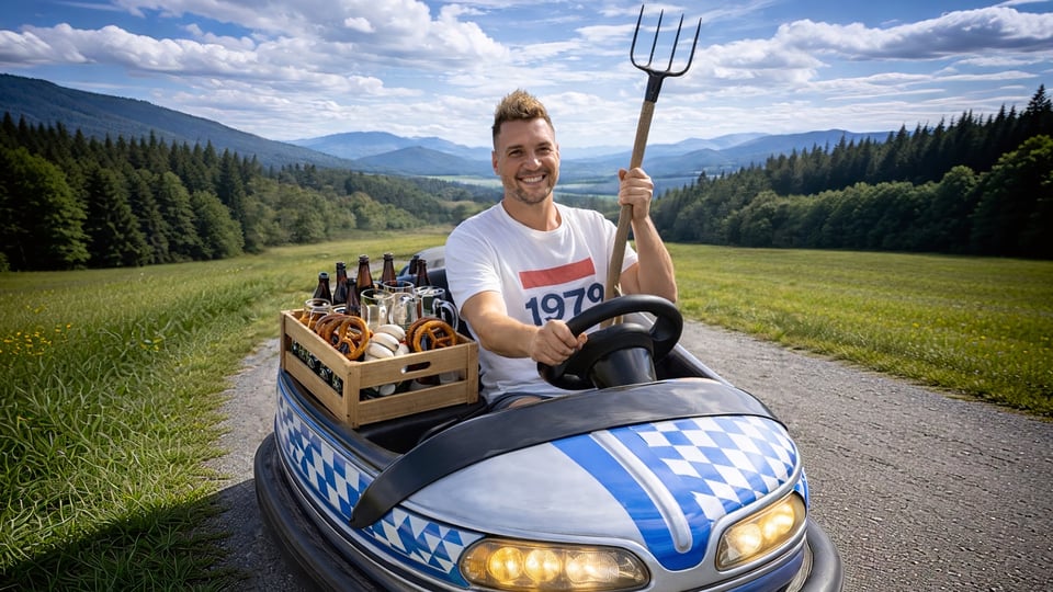 Mann in weißem T-Shirt mit Mistgabel in einem blau-weißen Go-Kart auf einer Wiese vor Berglandschaft; daneben eine Holzkiste mit Bierflaschen und Brezen
