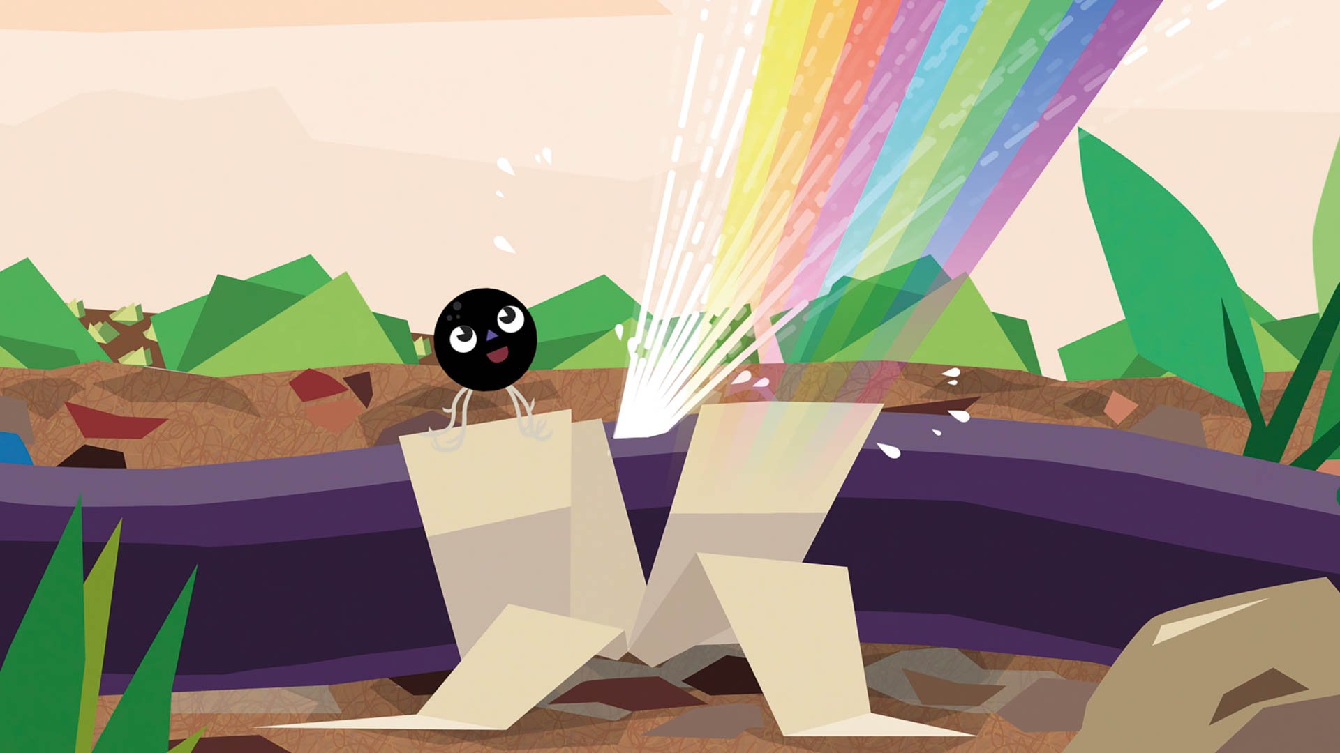 Illustrative Szene: Eine kleine schwarze Figur mit großen Augen schaut aus einem aufgebrochenen Boden, aus dem ein heller Lichtstrahl mit bunten Regenbogenfarben nach oben schießt; ringsum sind stilisierte Pflanzen, Erde und geometrisch vereinfachte Landschaftselemente zu sehen.