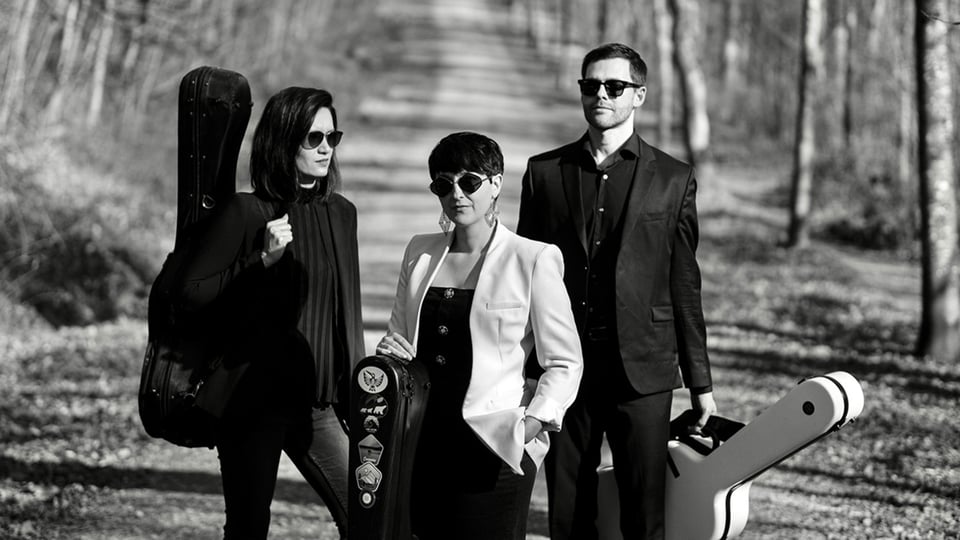 Ein schwarz-weiss Foto von drei Personen auf einem Waldweg mit Instrumentenkoffer