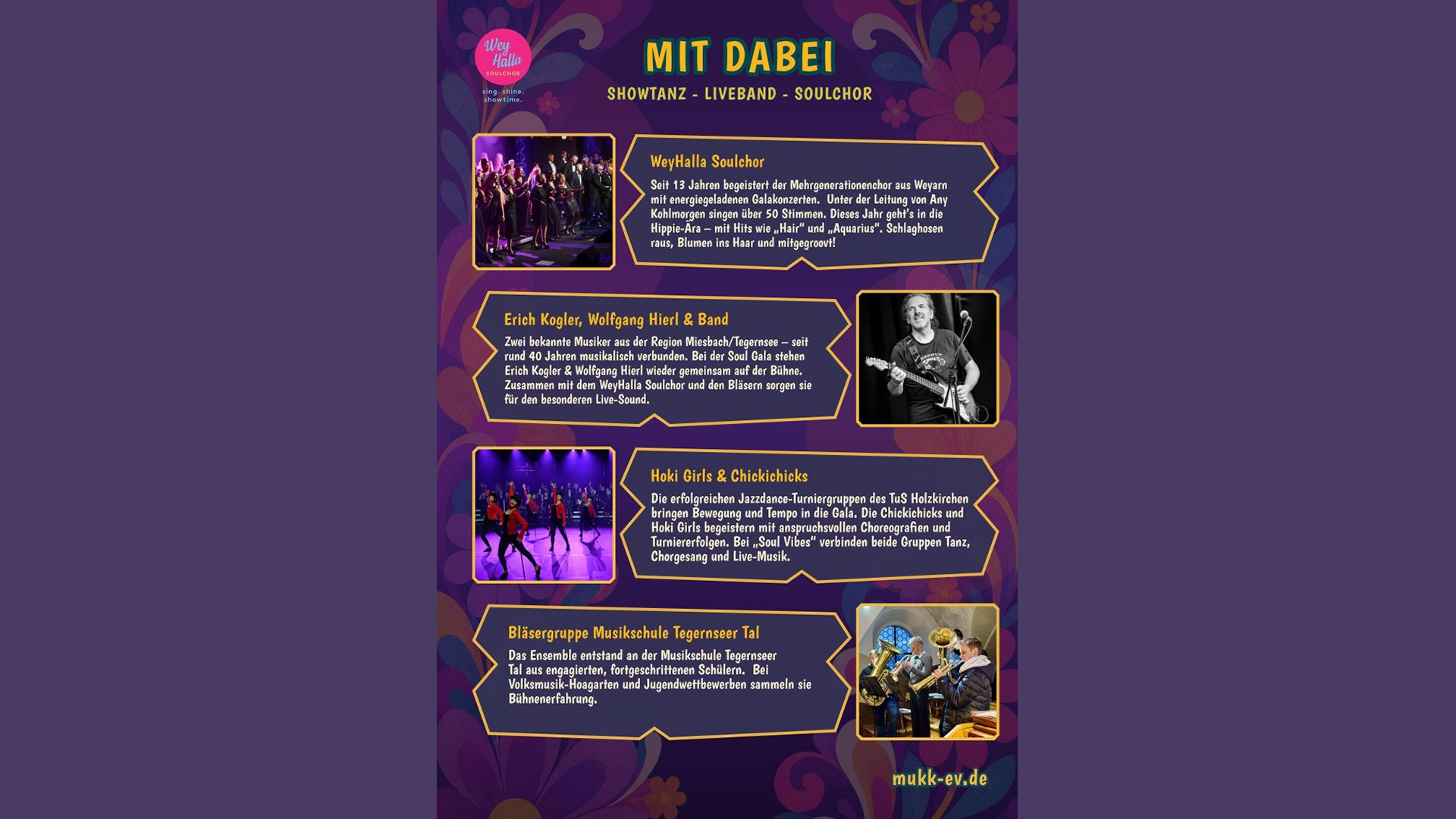 Flyer Soul Vibes Rückseite mit mehreren Informationsfeldern zu den Mitwirkenden, darunter WeyHalla Soulchor, Erich Kogler und Band, Hoki Girls & Chickichicks sowie die Bläsergruppe der Musikschule Tegernseer Tal, ergänzt durch Bühnen- und Musikerfotos vor floral gestaltetem Hintergrund