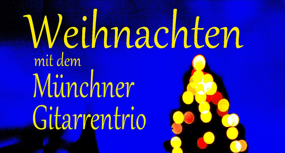 Grafik in blau mit gelber Aufschrift und gelben Lichtern in Form eines Weihnachtsbaumes