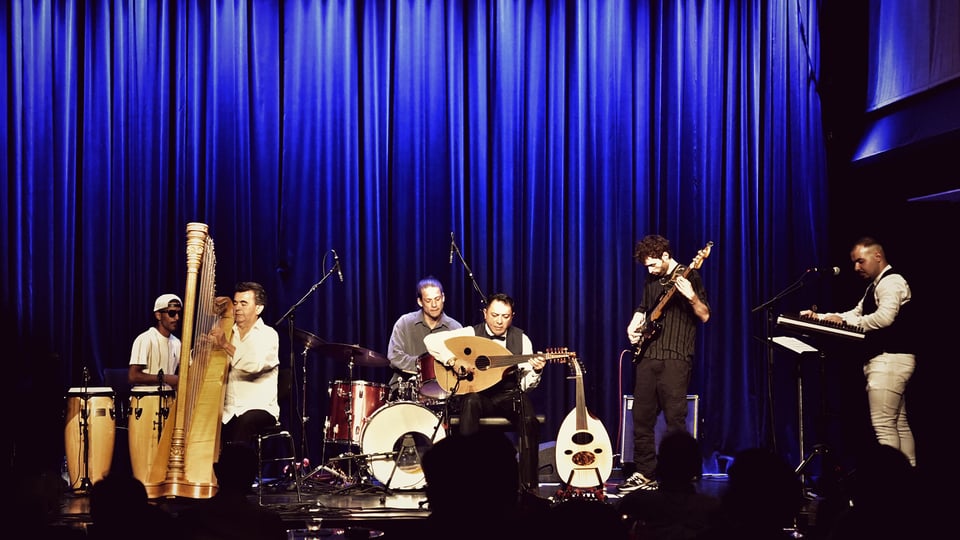 Kildan World Project mit mehreren Musiker:innen auf einer Bühne vor blauem Vorhang, mit Instrumenten wie Harfe, Schlagzeug, Oud, Gitarre und Keyboard, während eines Live-Konzerts.