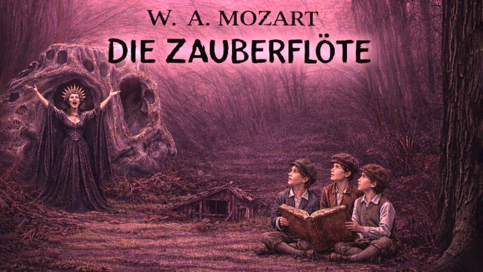 Eine Illustration mit drei Jungen mit einem Buch in einem Wald sitzend, eine Dame links im Bild streckt die Arme nach oben
