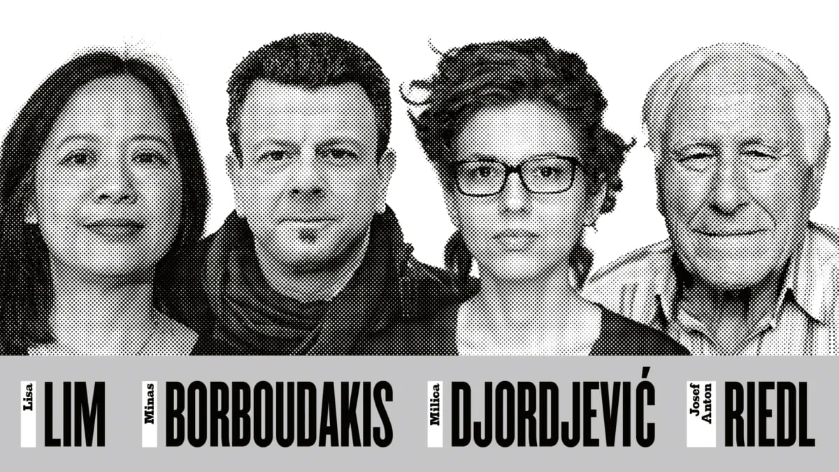 Collage von vier schwarz-weiss Portraits der KünstlerLim, Borboudakis, Djordjevic und Riedl verpixelt für die Konzertreihe Musica Viva