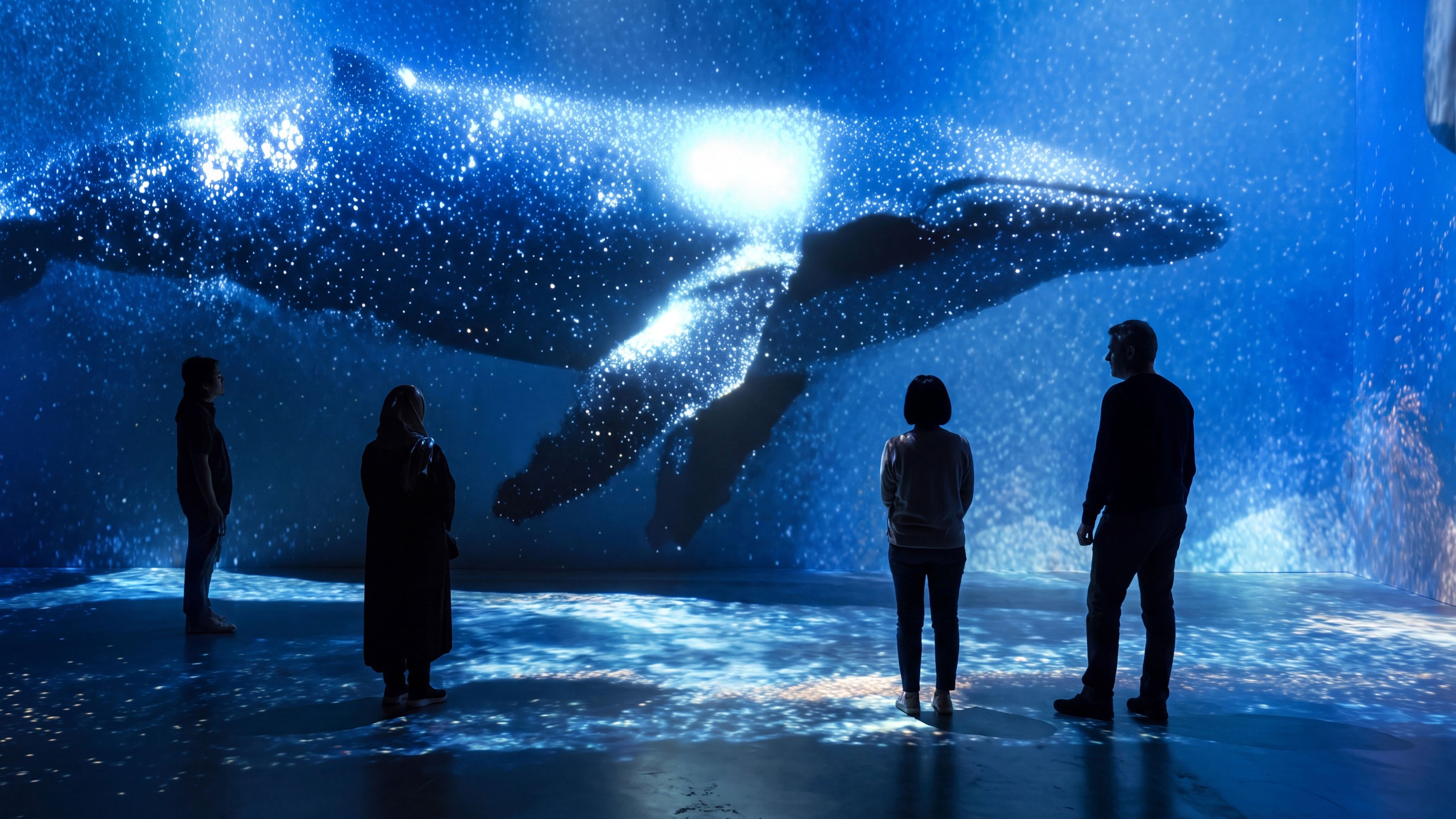 Besucher stehen in einem immersiven Ausstellungsraum der Polarwelten und betrachten die Projektion eines großen Wals, der in leuchtenden Blautönen durch eine Unterwasserlandschaft zu schwimmen scheint.