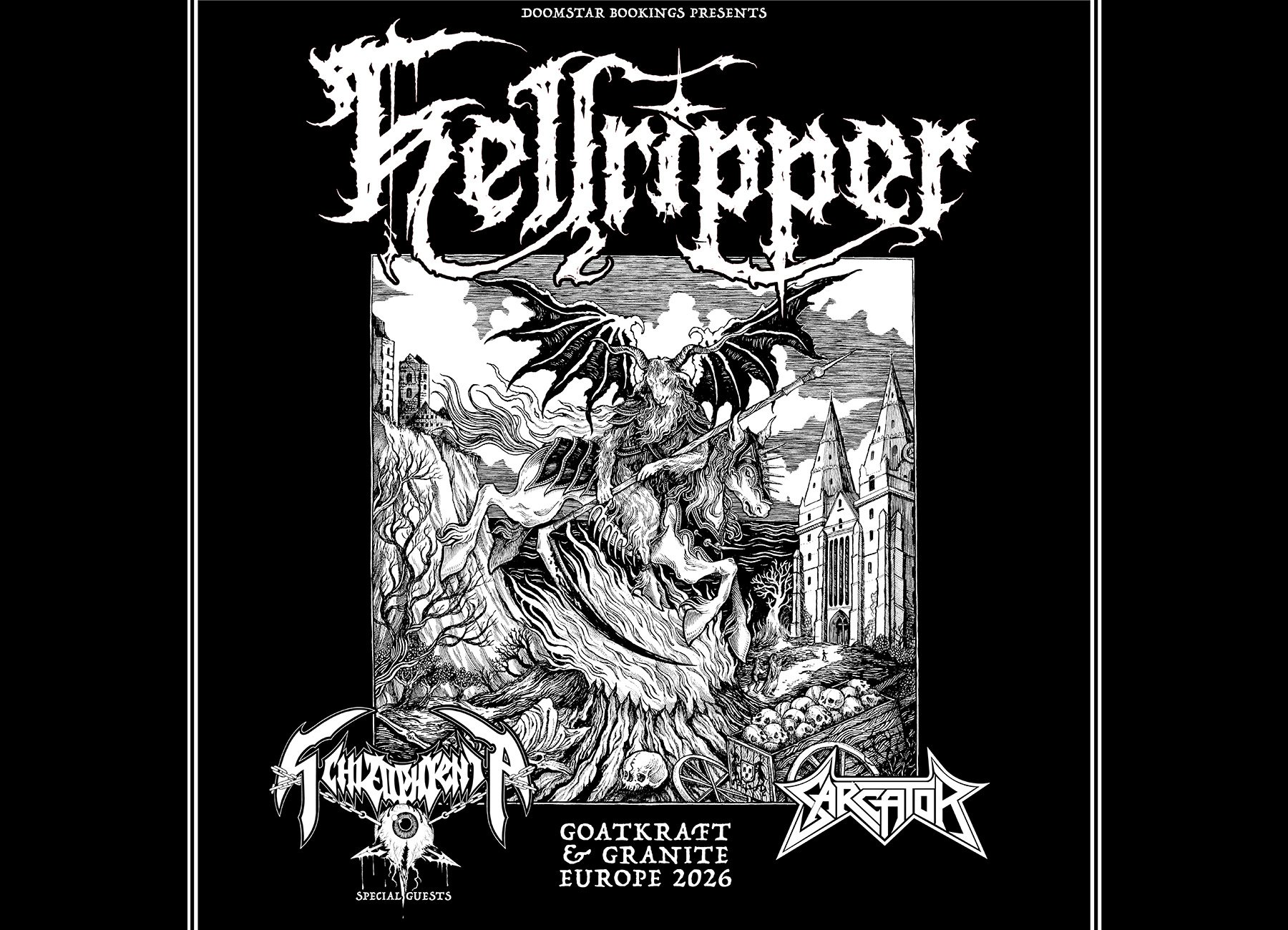 Kunstvolles Konzertposter für das HELLRIPPER-Event im Backstage München. Weiße Illustration auf schwarzem Hintergrund – düster, kraftvoll und stilvoll. Perfekt für Metal-Fans und Event-Vorschauen.