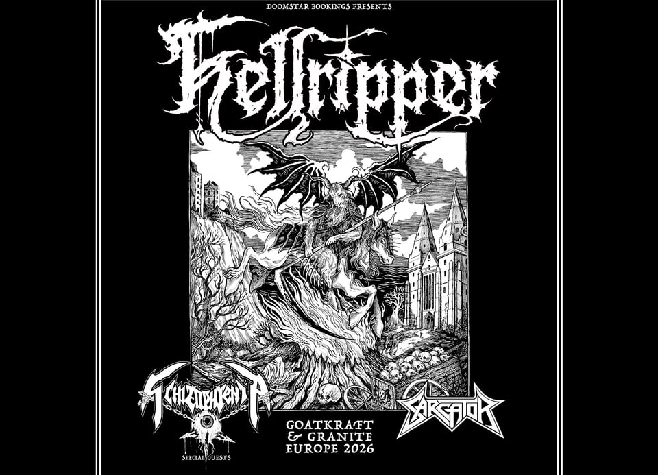 Kunstvolles Konzertposter für das HELLRIPPER-Event im Backstage München. Weiße Illustration auf schwarzem Hintergrund – düster, kraftvoll und stilvoll. Perfekt für Metal-Fans und Event-Vorschauen.