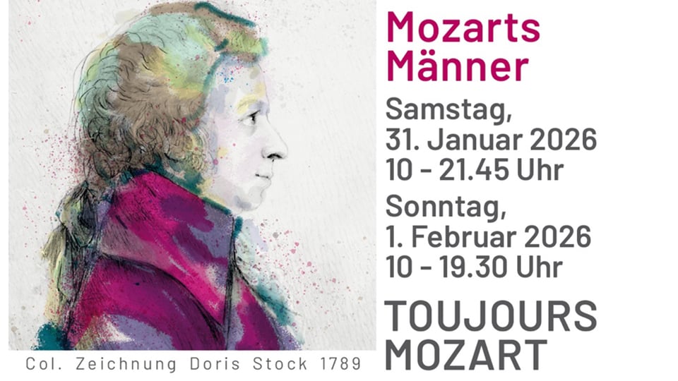 Grafik mit Zeichnung von Mozart und Aufschrift