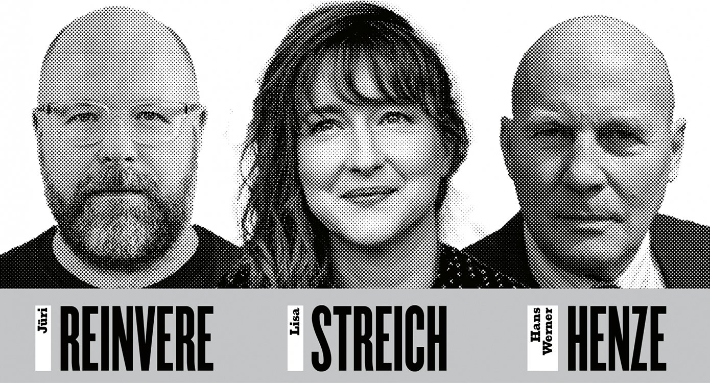 das Plakat der Veranstaltung mit drei Personen. Zwei Männer und eine Frau. Das Foto ist in schwarz-weiß mit einem Effekt.
