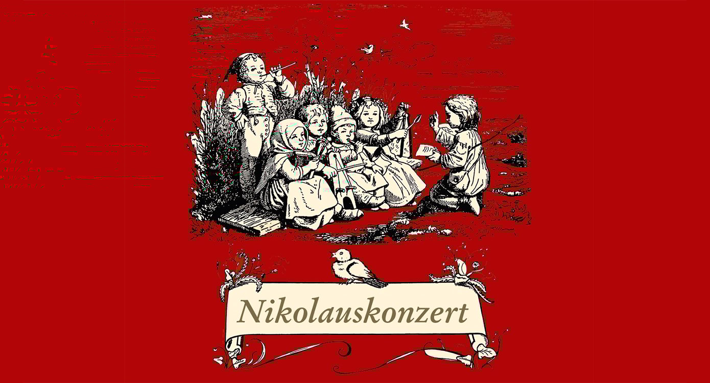 Eine Illustration von singenden Kindern mit einer Blockflöte, ein Plakat mit weißer Typografie und einem Vogel, alles auf rotem Hintergrund