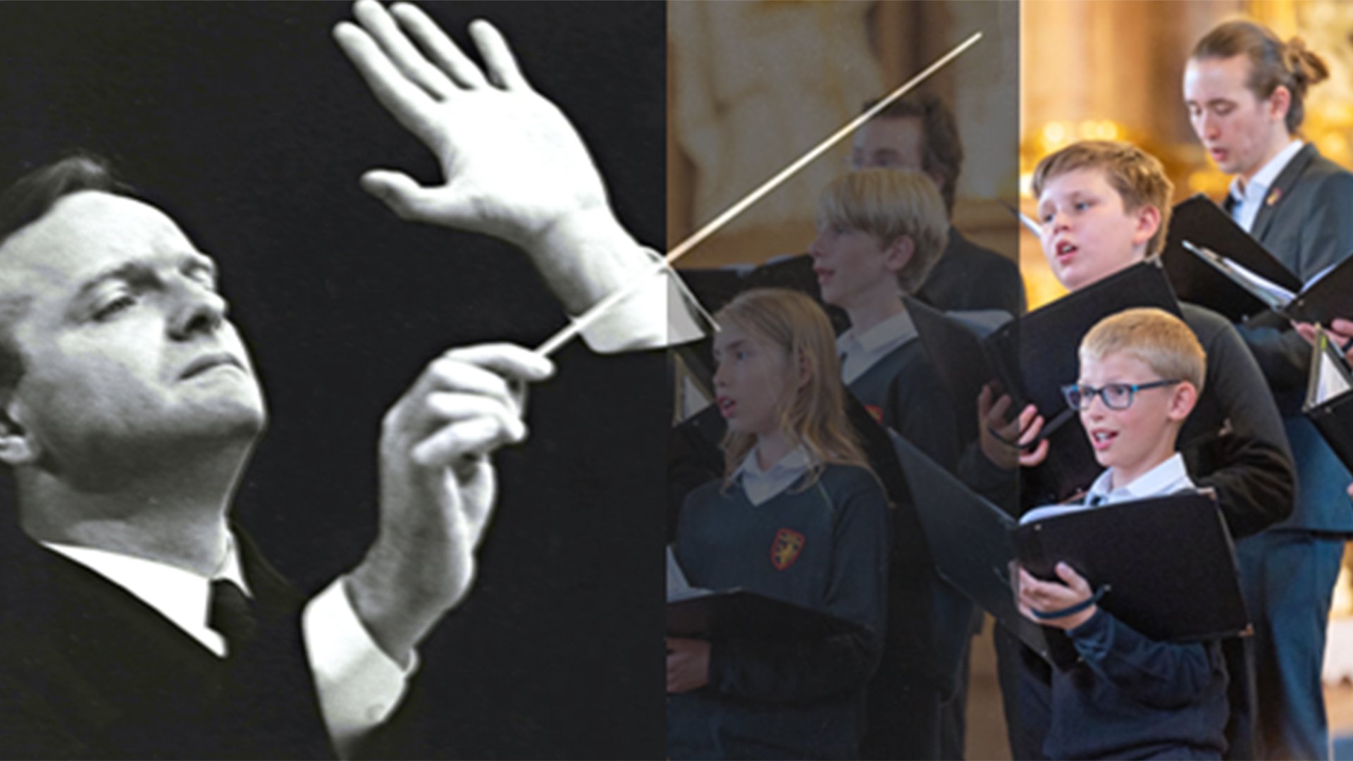 Collage aus einem schwarz-weiss Bild eines Dirigenten mit Taktstock und einem Farbbild von einigen Sängern eines Chors