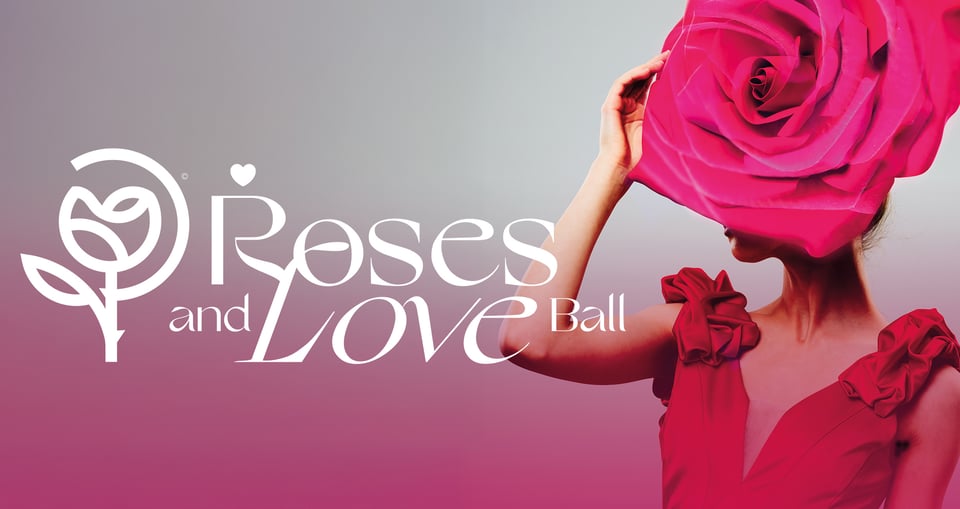 Grafik in pink mit Aufschrift und einem Bild einer Dame mt einer Rose als Hut