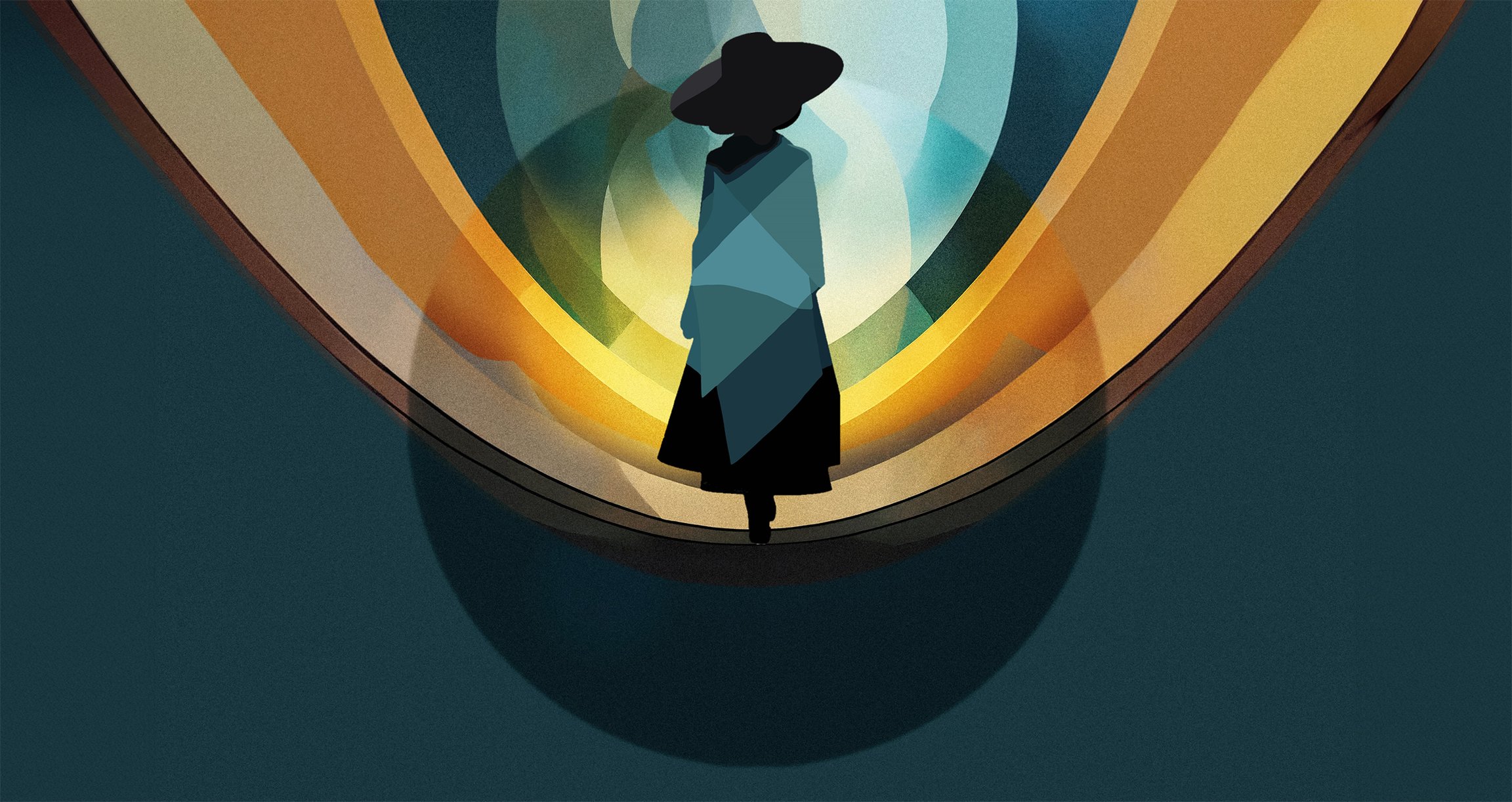 Eine Illustration mit der Silhouette einer Figur in Schwarz und einem Hintergrund aus verschiedenen Formen und Farbtönen