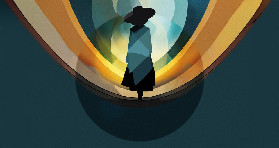 Eine Illustration mit der Silhouette einer Figur in Schwarz und einem Hintergrund aus verschiedenen Formen und Farbtönen