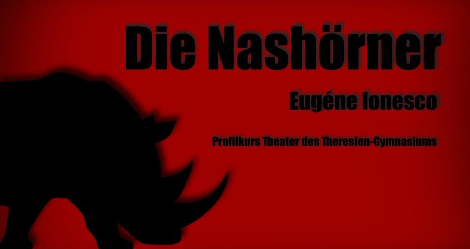 Grafik mit schwarzer Silhouette von einem Nashorn mit Aufschrift auf rotem Hintergrund