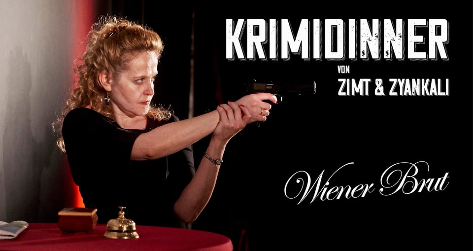 Plakat des Events ‚Krimidinner: WIENER BRUT‘ mit einer Frau, die eine Pistole in den Händen hält und zielt, sowie einem roten Tisch