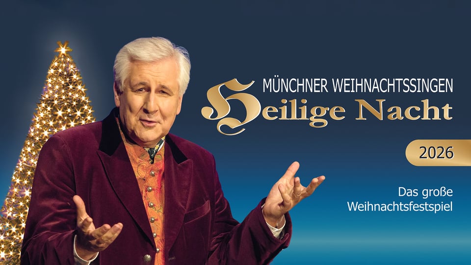 Foto für das Münchner Weihnachtssingen Heilige Nacht 2026, mit dem Künstler vor blauem Hintergrund.